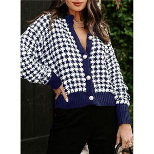 Navy Houndstooth Print Chunky Knit Button Down Long Sleeve‎ Cardigan Sweater Top